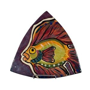 Hand Painted Fish Trinket Dish Triangular Tray Whimsical